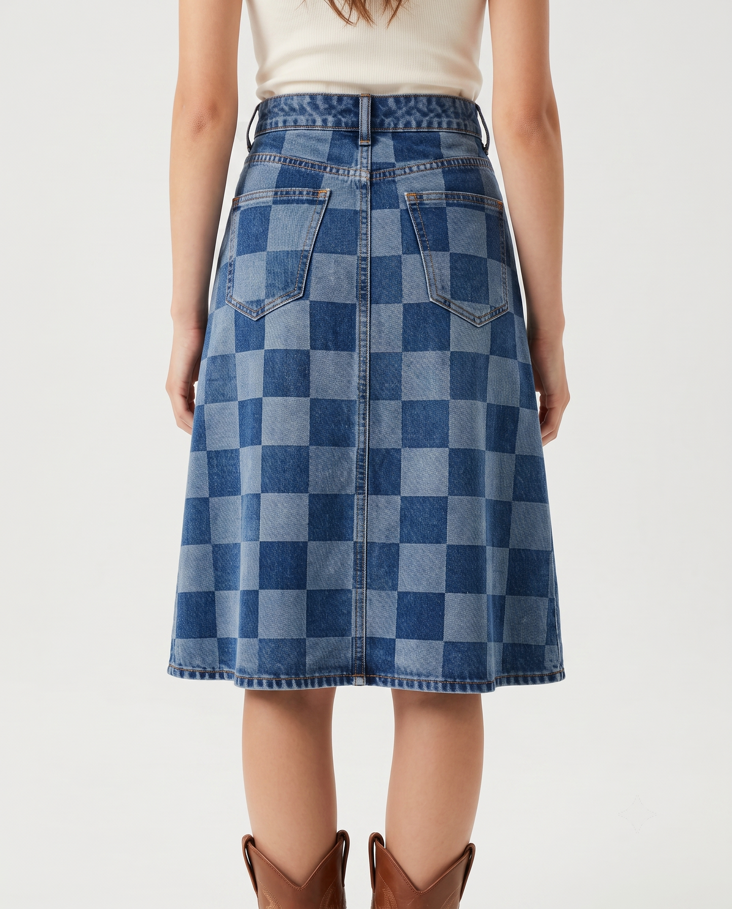 Denim Geometric Western Denim Knee-Length Skirt