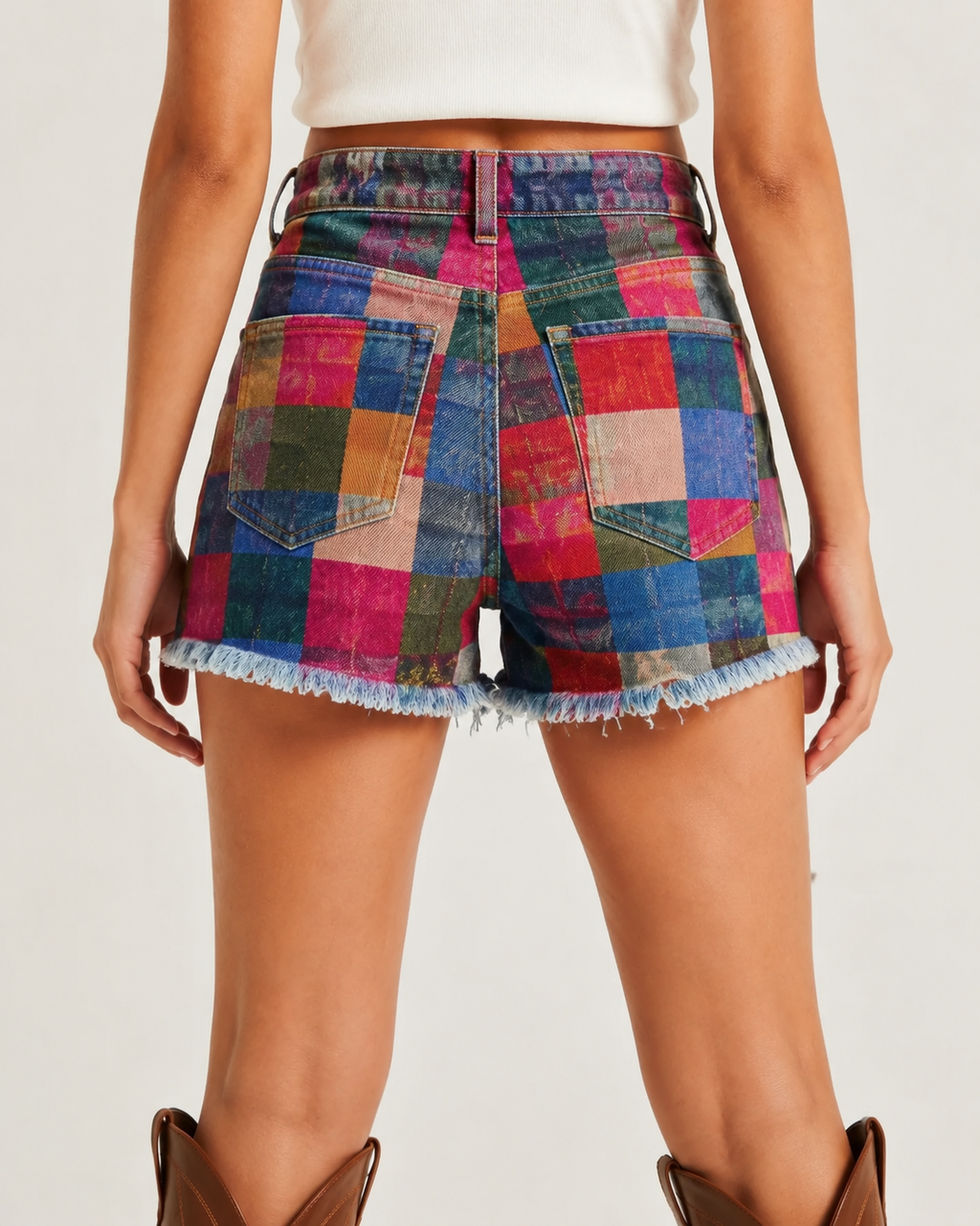 Patchwork Prairie Denim Shorts – Back View – Riley – Multicolor