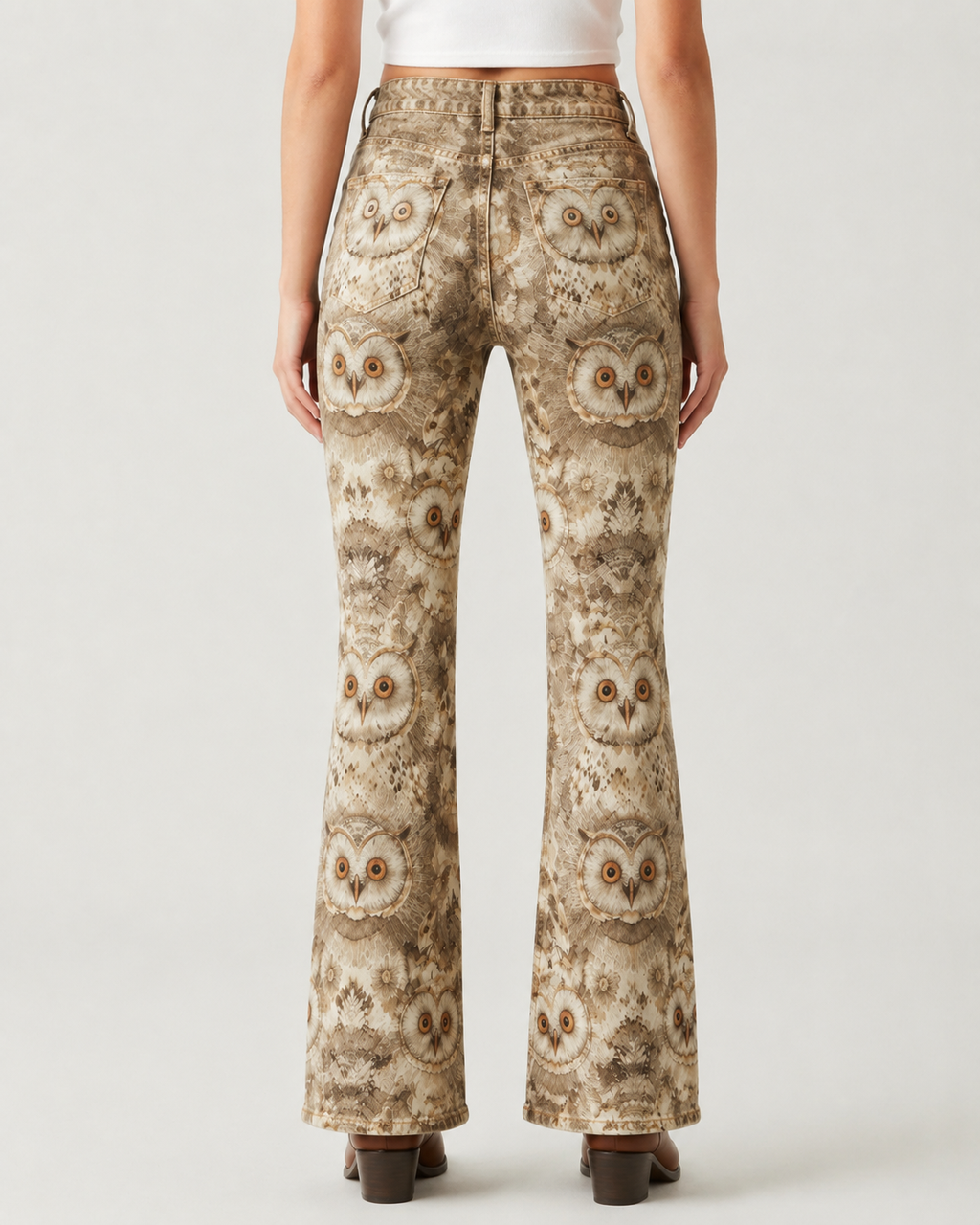 Owl Creek Flare Bootcut Jeans – Back View – Riley – earth tone wash with beige, brown, and tan hues