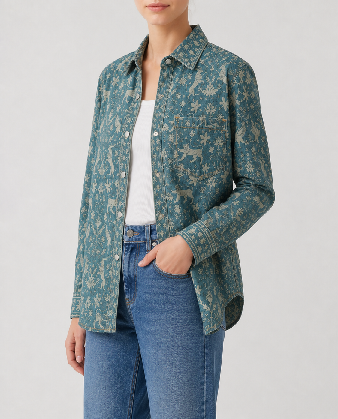 Prairie Mirage Teal Long Sleeve Denim Shirt