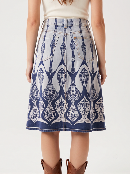 Light Geometric Trail RB-SKT03 – Back View – Riley – light wash denim with navy blue accents