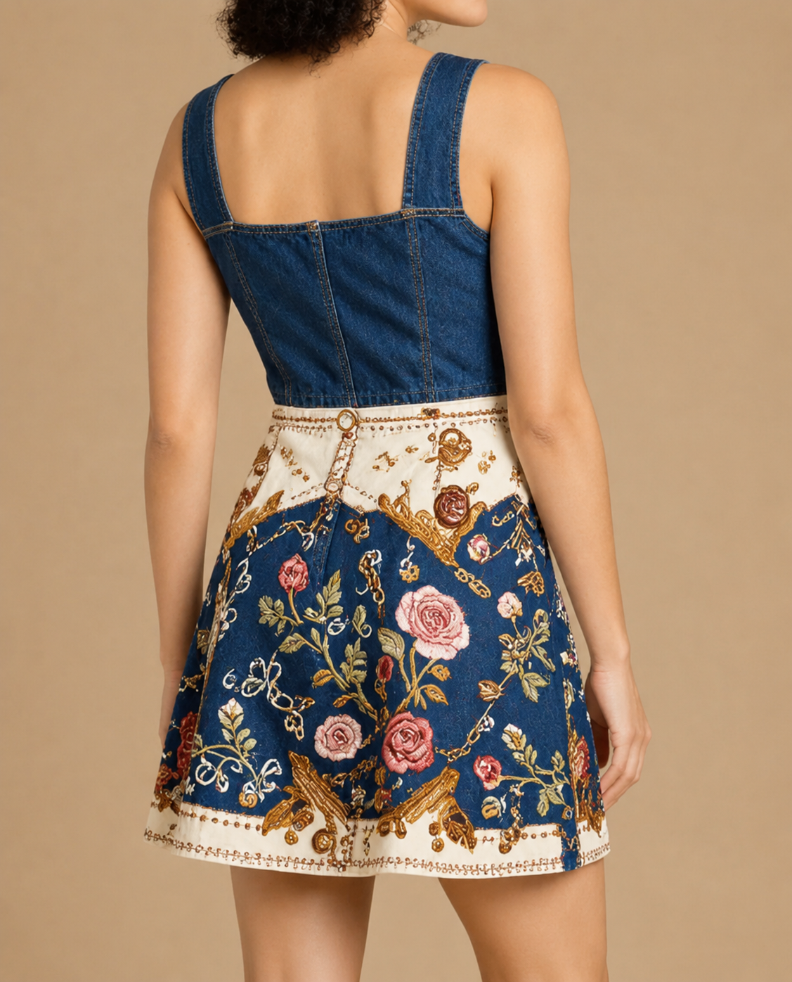 Yoke Divided Floral Structured Mini Dress