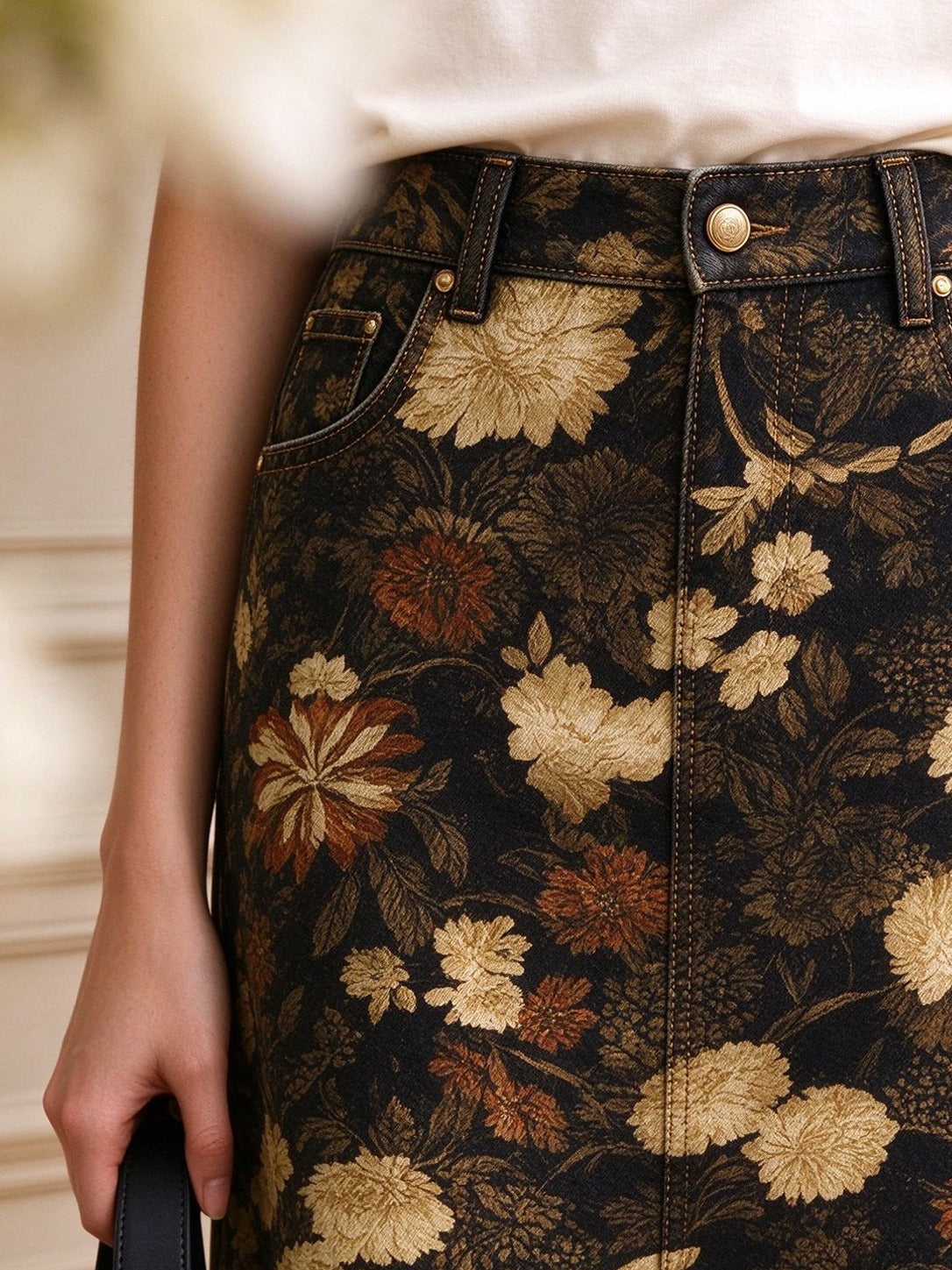 Sunset Bloom Ankle-Length Denim Skirt