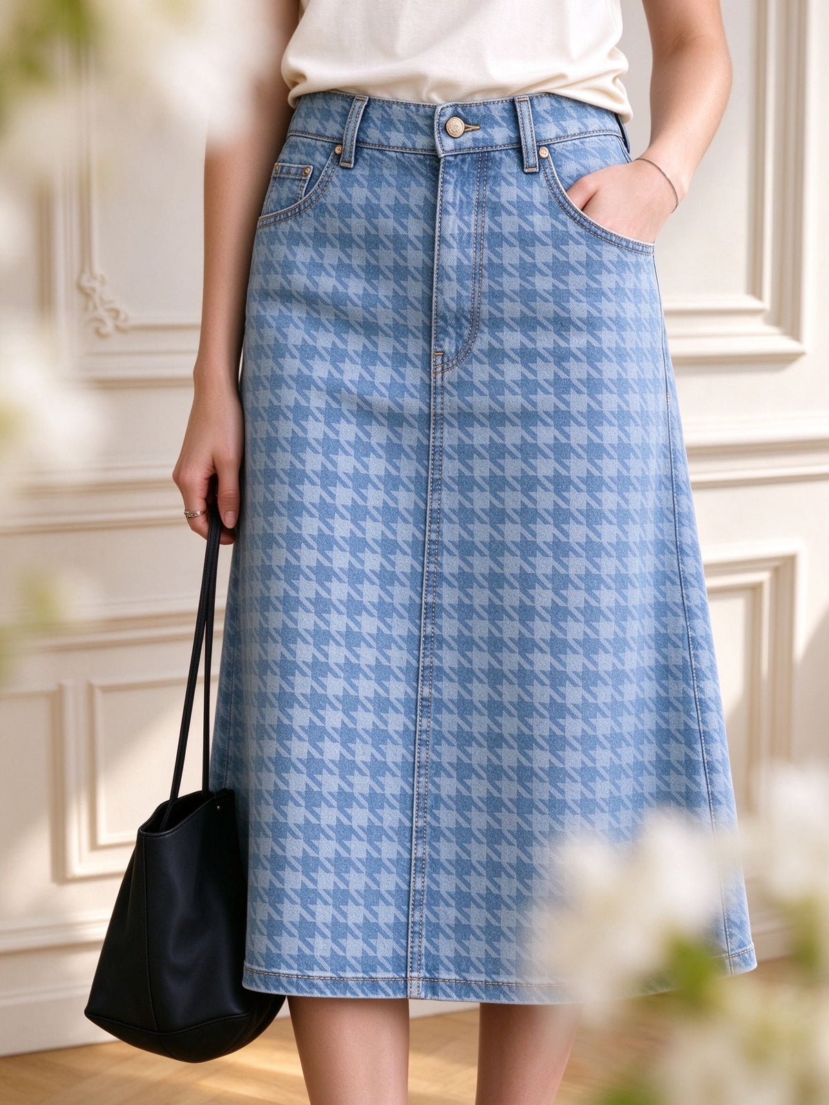 Prairie Houndstooth Ankle-Length Denim Skirt
