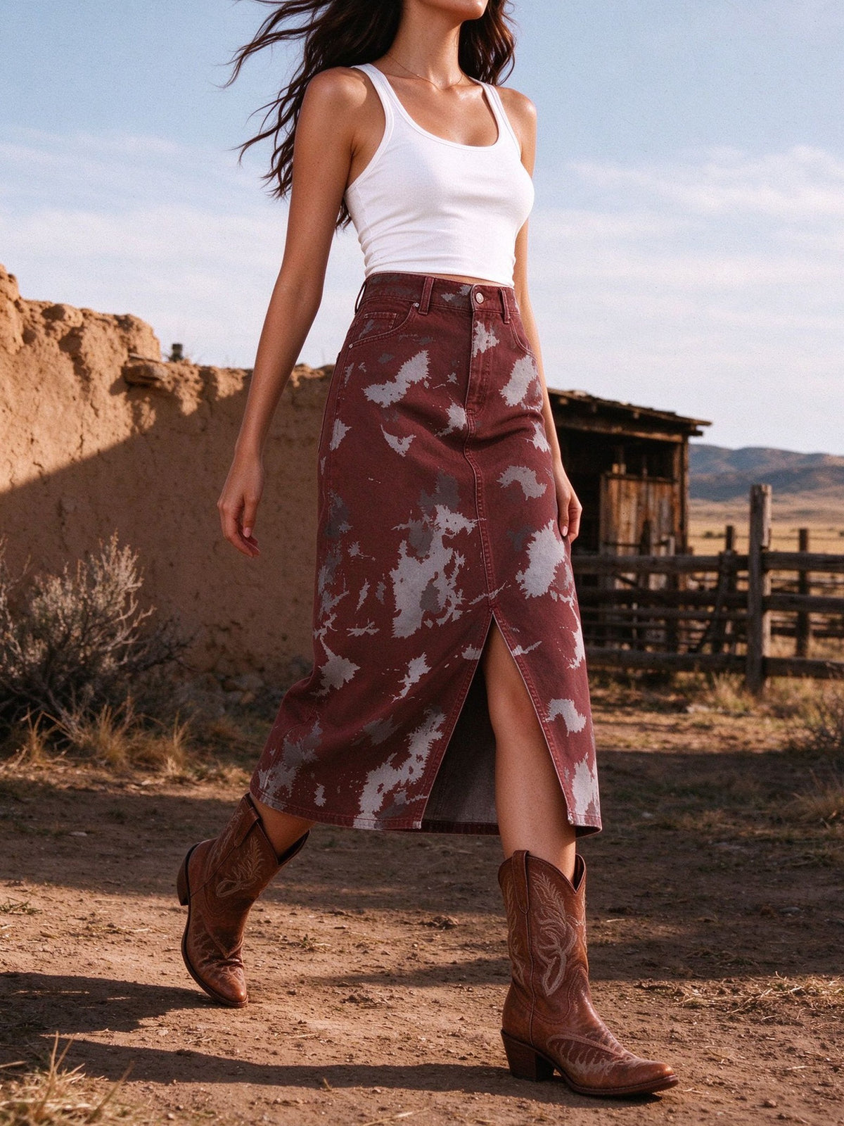 Rustic Mirage Maroon Western Denim Midi Skirt – Back View – Riley – Maroon