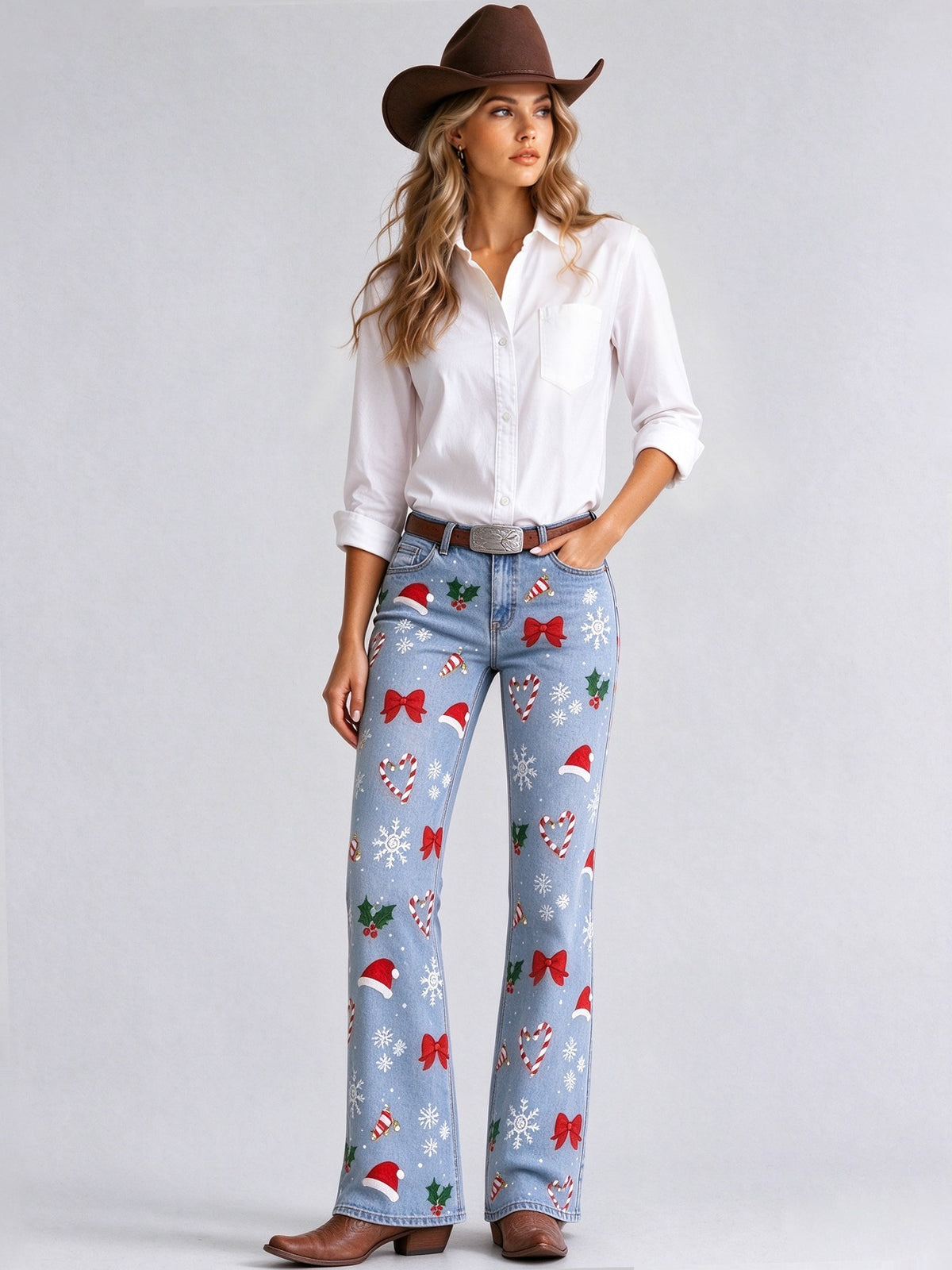 Ranch Christmas Bows Low-Rise Bootcut Jeans