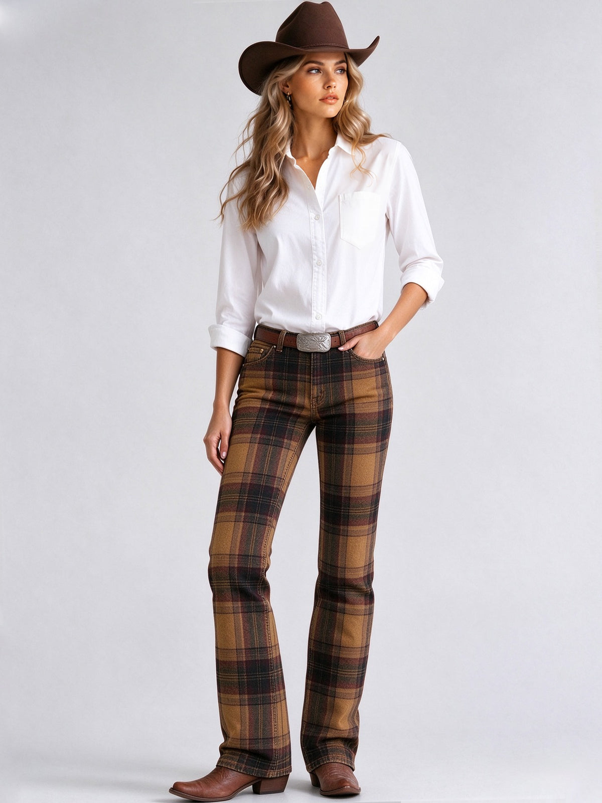 Rustler Plaid Low-Rise Bootcut Jeans