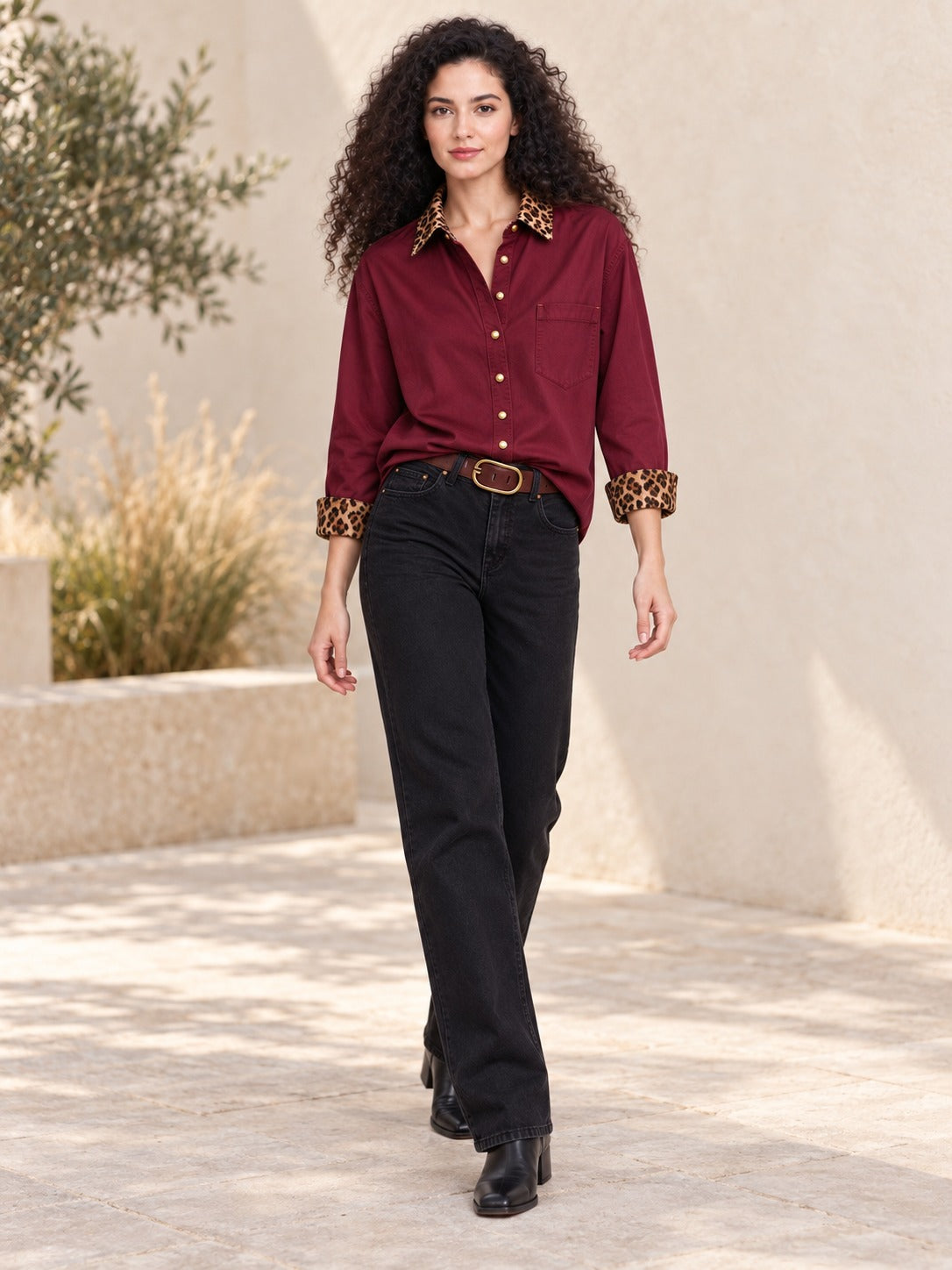 Outlaw Leopard Accent Long Sleeve Denim Shirt