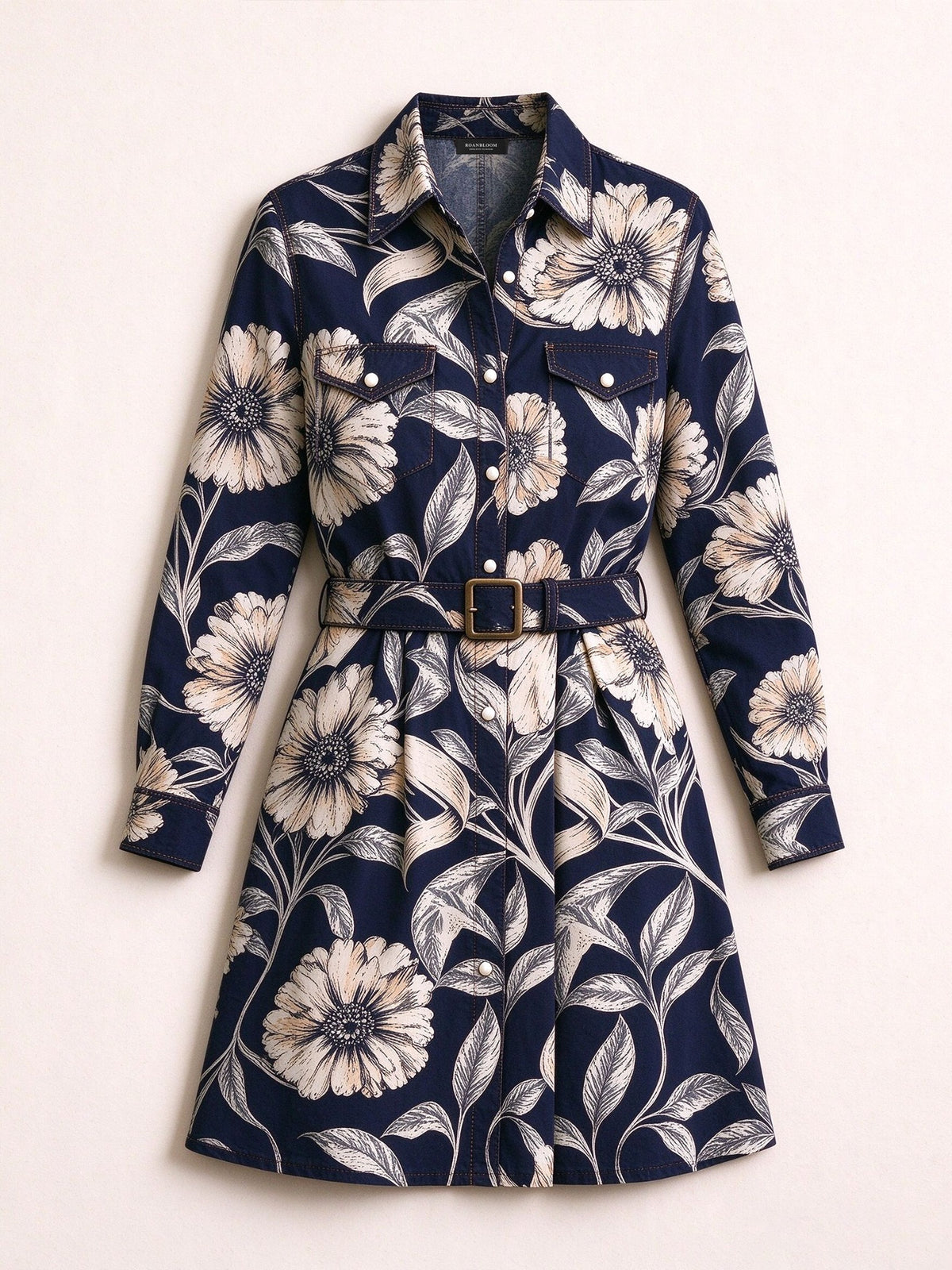 Midnight Flora Belted Shirt Dress