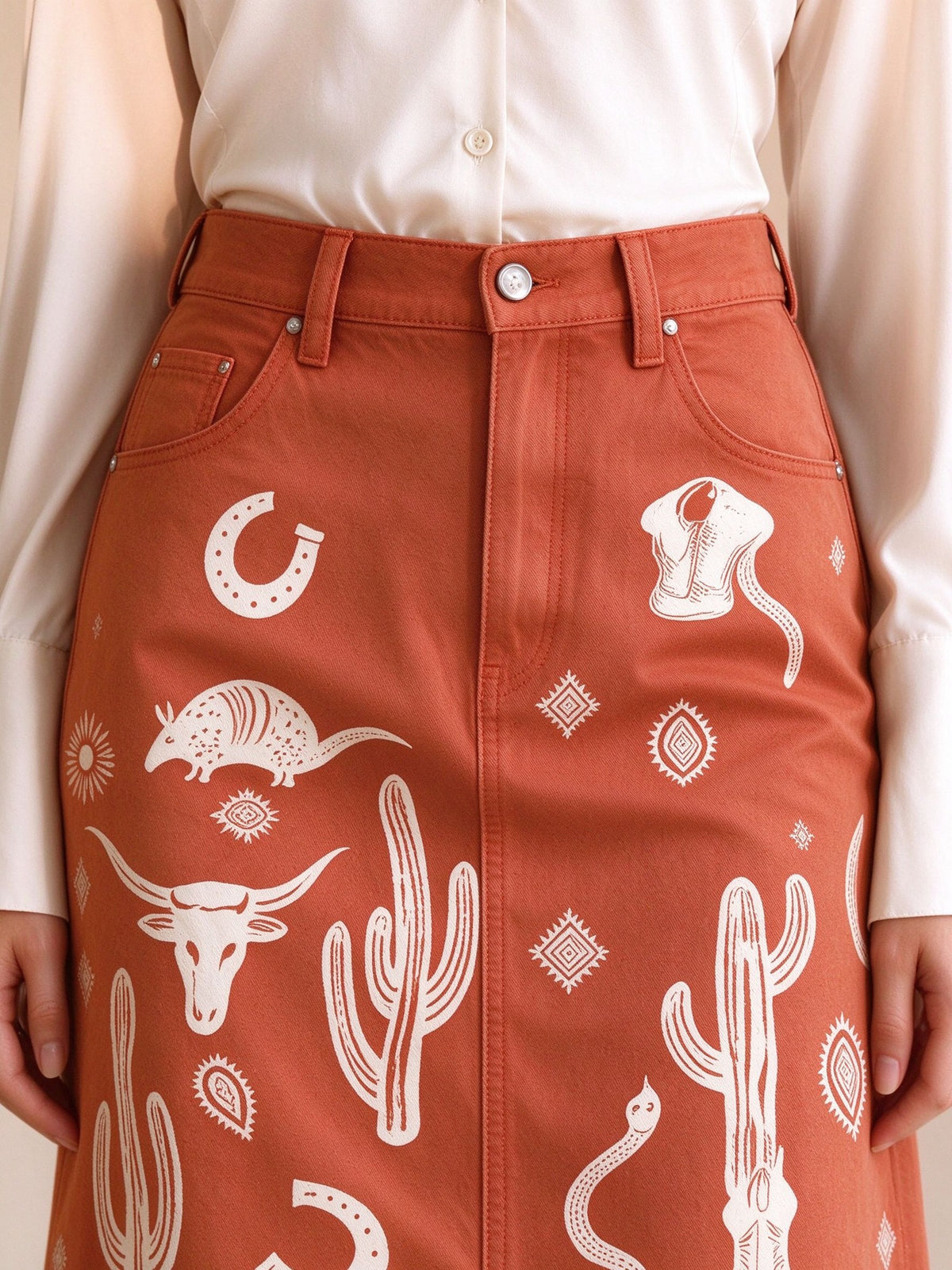 Desert Mirage 976 Western Denim Midi Skirt – Back View – Riley – Terracotta