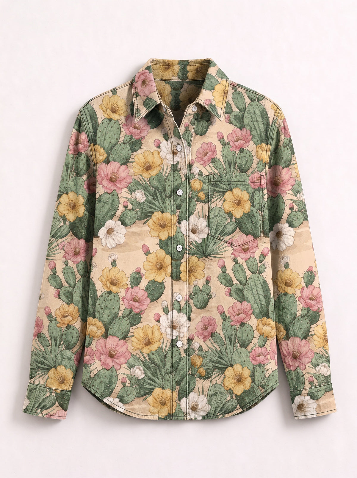 Desert Cactus Bloom Long Sleeve Denim Shirt