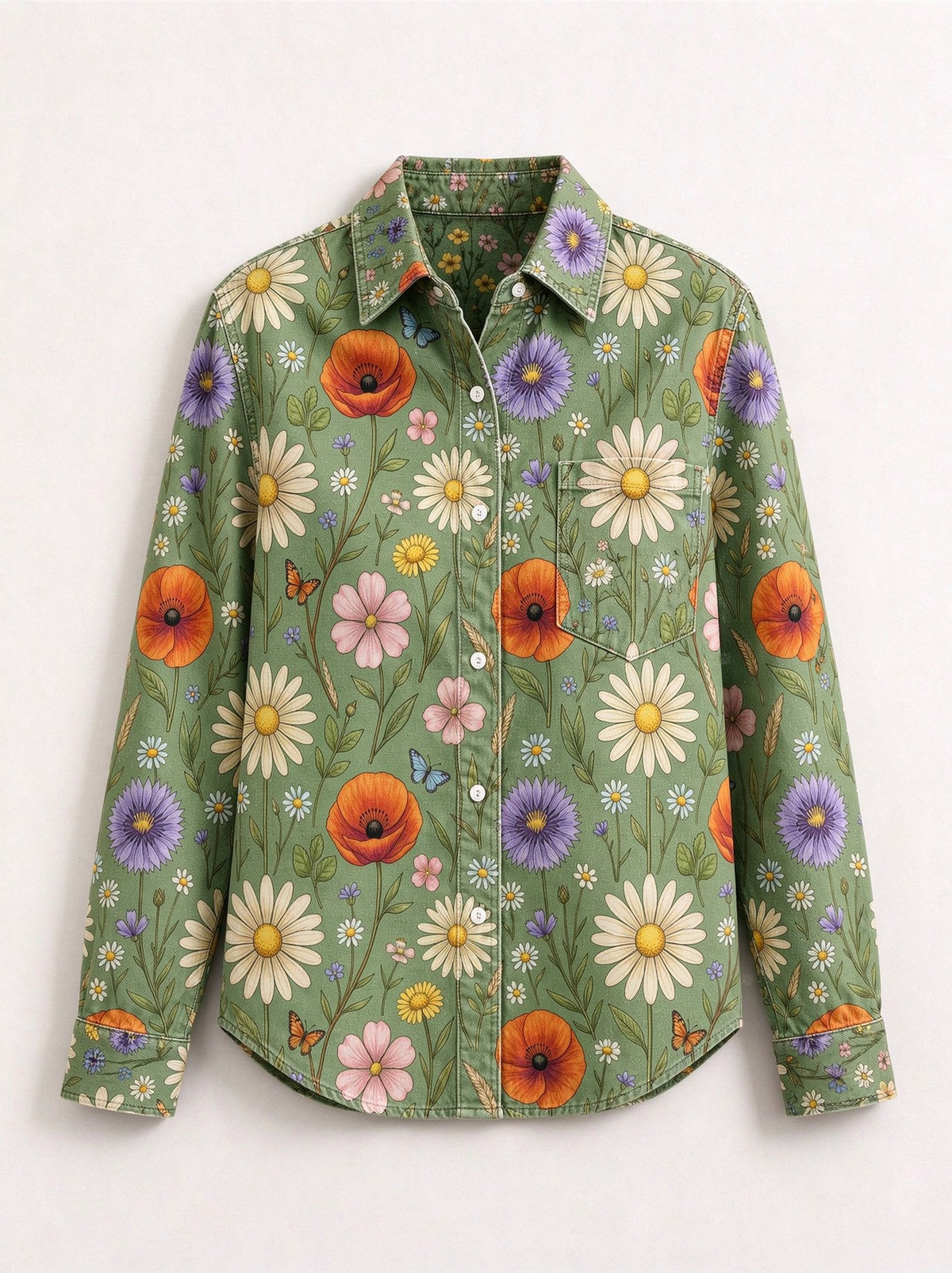 Prairie Poppy Bloom Long Sleeve Denim Shirt