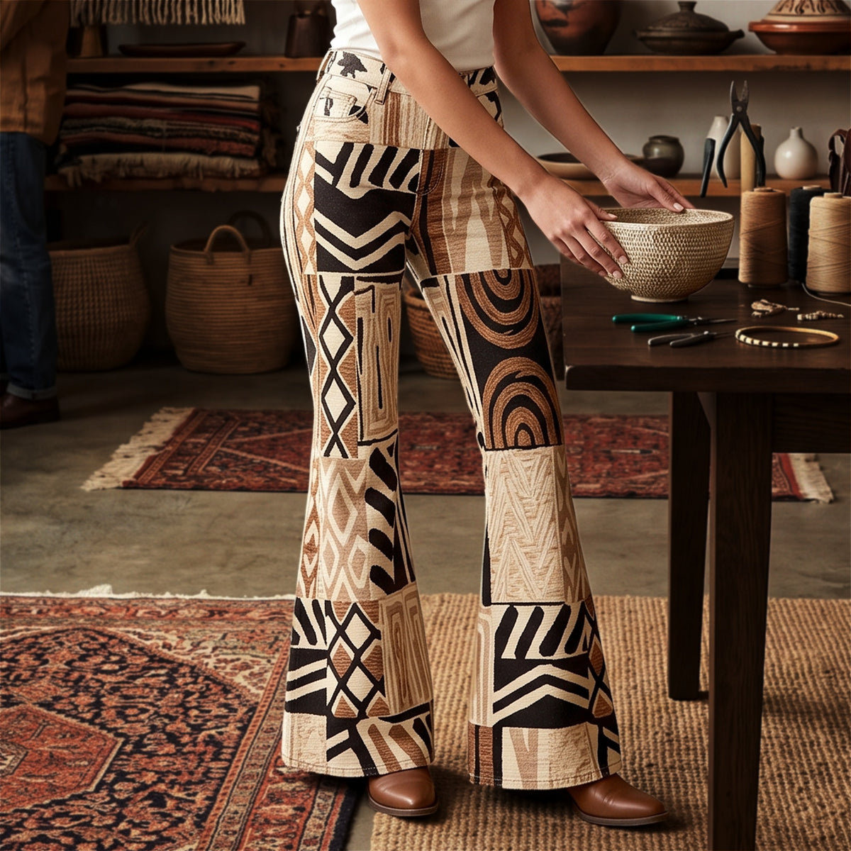 Desert Mirage Beige Geometric Flare Jeans