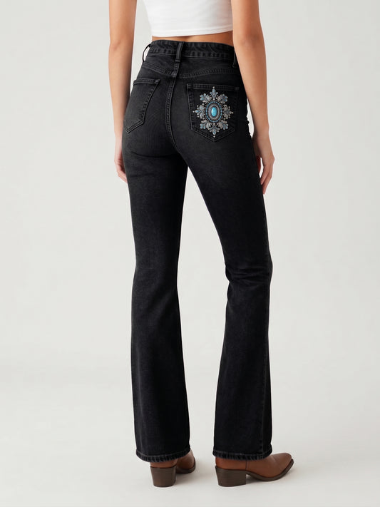 Chocolate Ornate Scroll Bootcut Jeans – Back View – Riley – Chocolate Brown