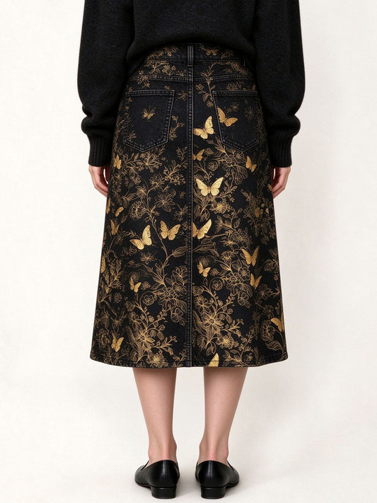 Golden Wings Ankle-Length Denim Skirt