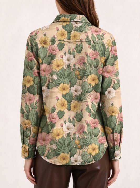 Desert Cactus Bloom Long Sleeve Denim Shirt