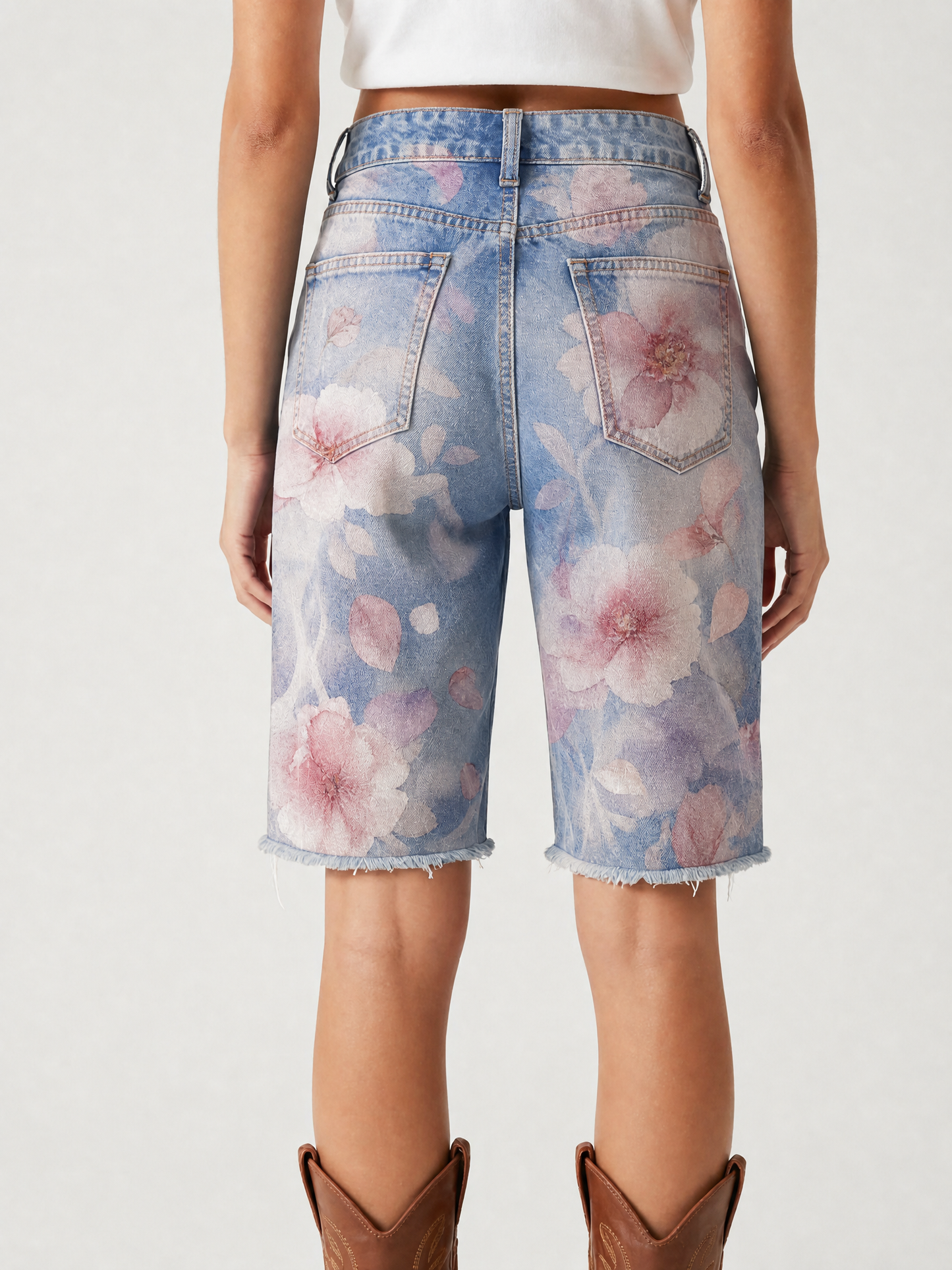 Sapphire Scroll AOP Denim Shorts – Back View – Riley – Medium Blue