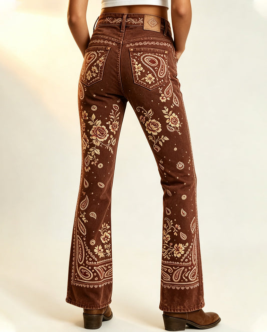 Desert Bloom Brown Floral Bootcut Jeans – Back View – Riley – brown