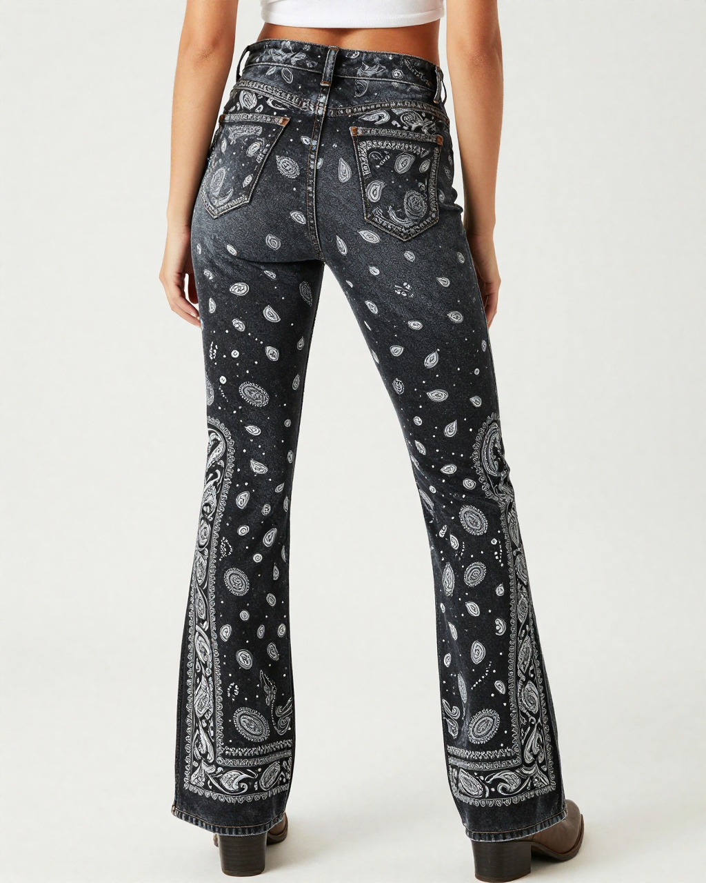 Black Bandana Bootcut Jeans – Back View – Riley – Black / Cream
