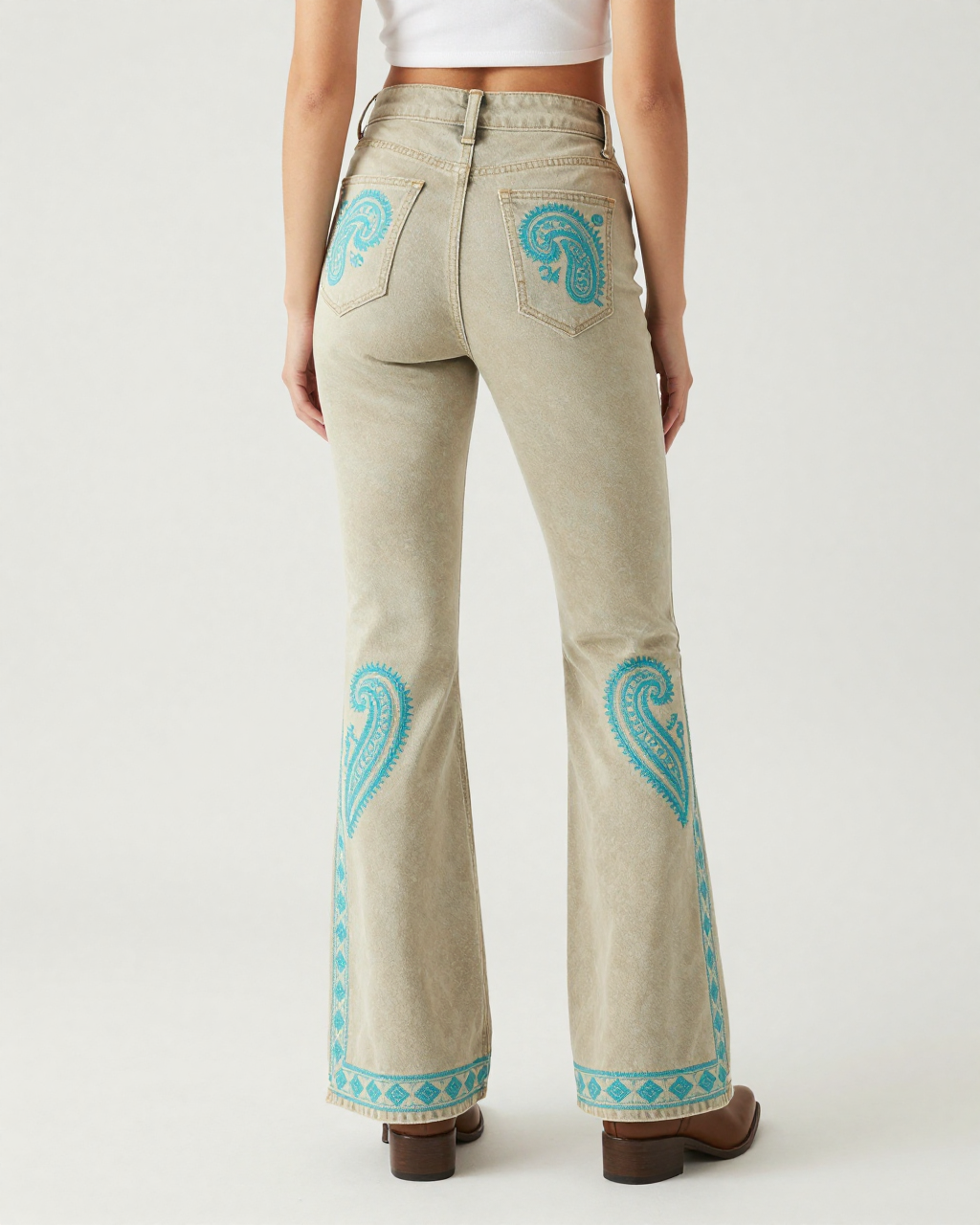 Sage Turquoise Paisley Bootcut Jeans – Back View – Riley – Sage Beige