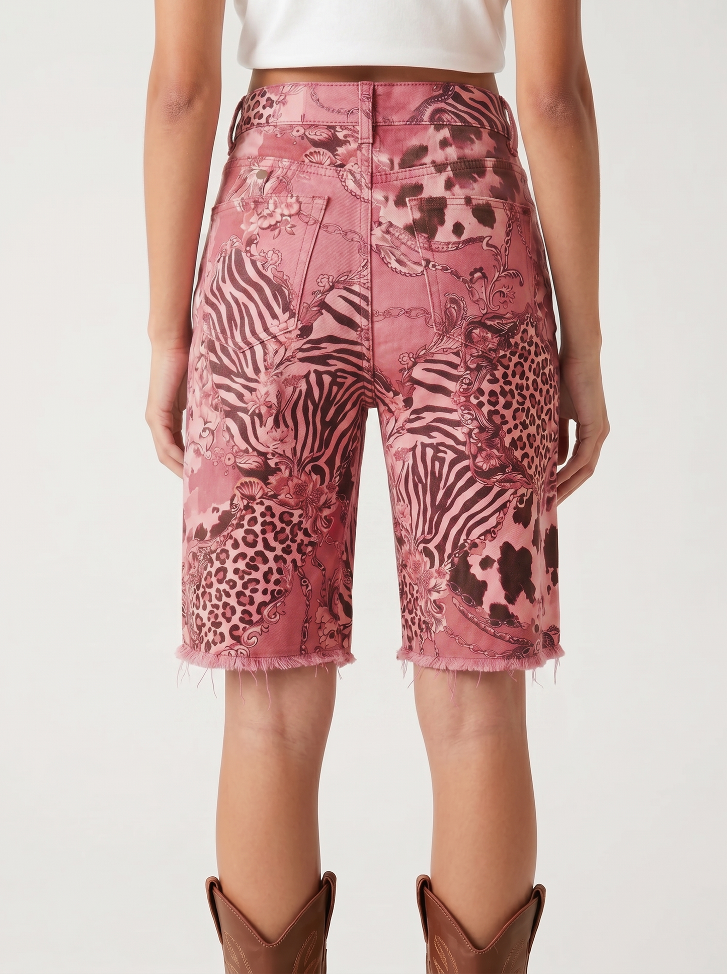 Jade Paisley Dense Denim Shorts – Back View – Riley – Medium Blue