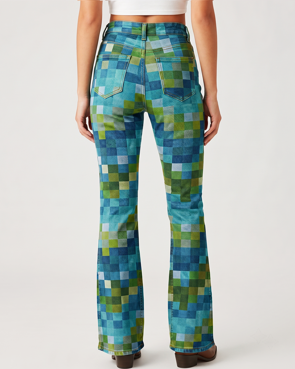 Cactus Grid Bootcut Jeans – Back View – Riley – teal, green