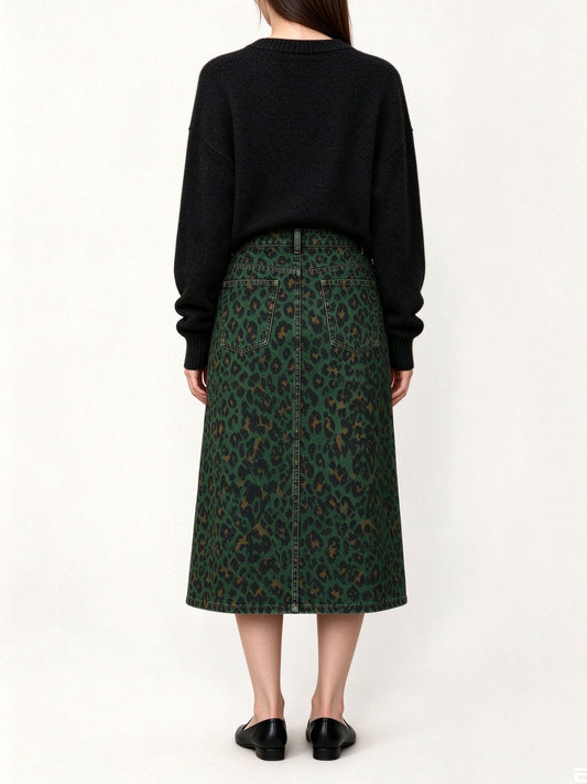 Desert Leopard Ankle-Length Denim Skirt