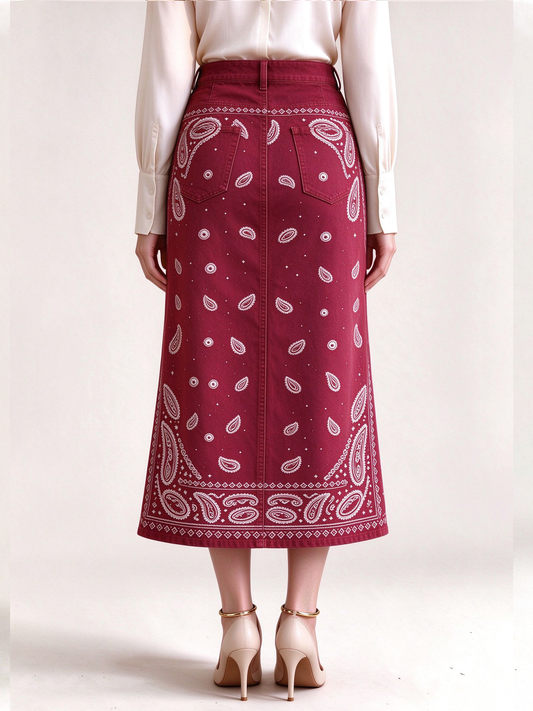 Crimson Bandana Western Denim Midi Skirt – Back View – Riley – Deep Red