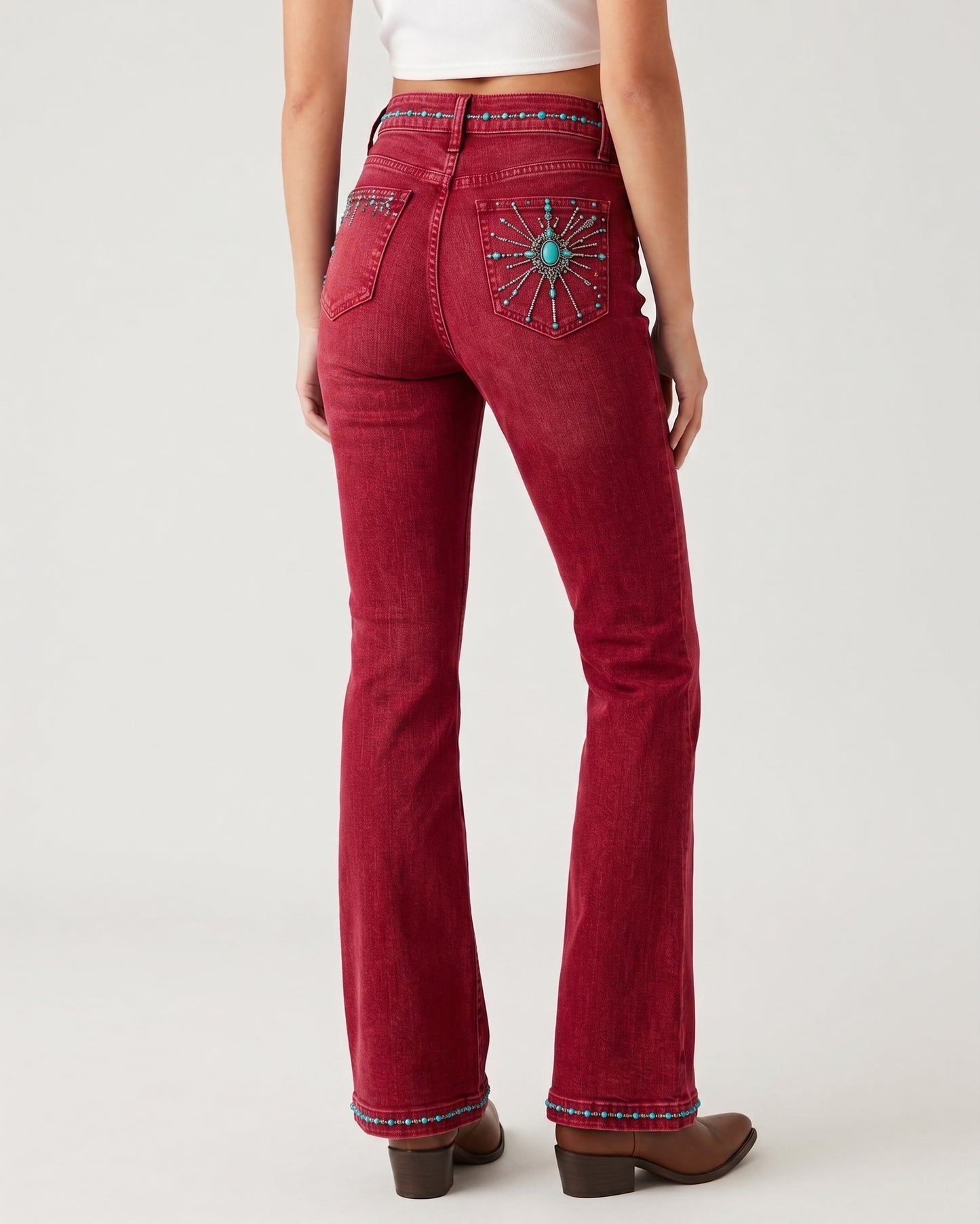 Turquoise Filigree Wave Bootcut Jeans – Back View – Riley – Medium Blue