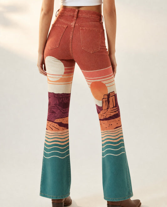 Desert Mirage Terracotta Bootcut Jeans – Back View – Riley – Terracotta, Teal, Coral, Mauve