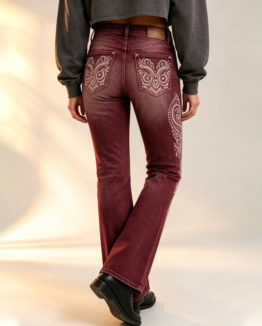 Prairie Paisley Bootcut Jeans – Back View – Riley – burgundy