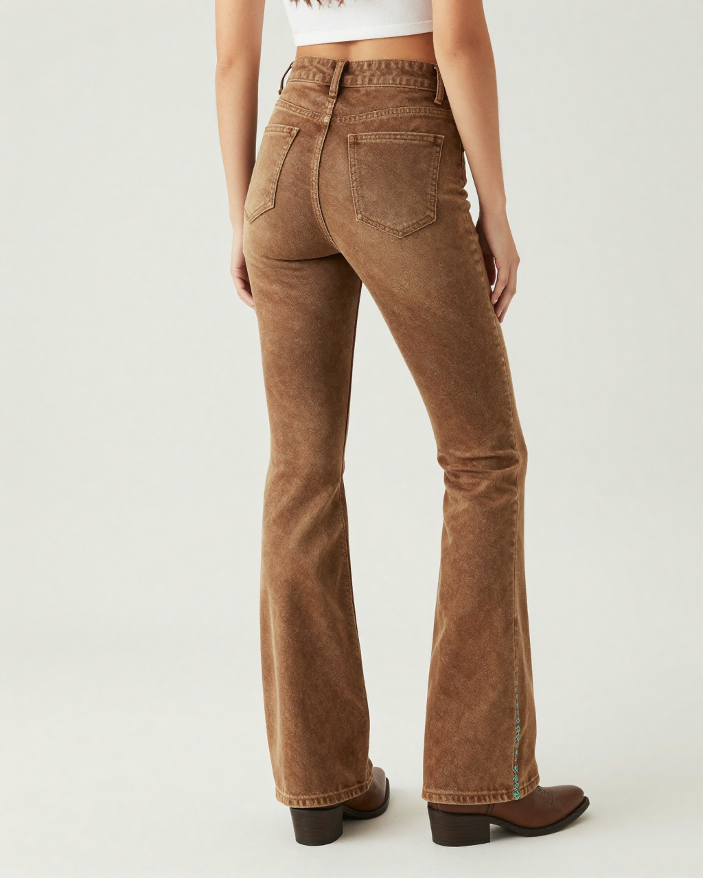 Tooled Floral Vine Bootcut Jeans – Back View – Riley – Warm Brown