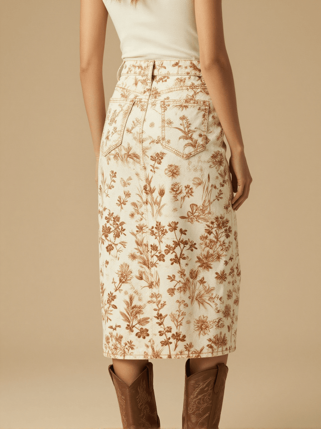 Ranch Fence Floral Western Denim Midi Skirt – Back View – Jessie – Trail Bone Ecru / Tobacco Brown