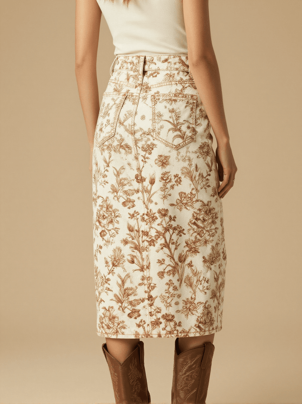 Sage Brown Prairie Floral Western Denim Midi Skirt – Back View – Jessie – Trail Bone Ecru / Tobacco Brown