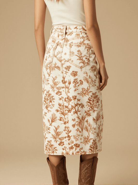 Sunrise Ranch Soft Western Denim Midi Skirt – Back View – Jessie – Trail Bone Ecru / Tobacco Brown