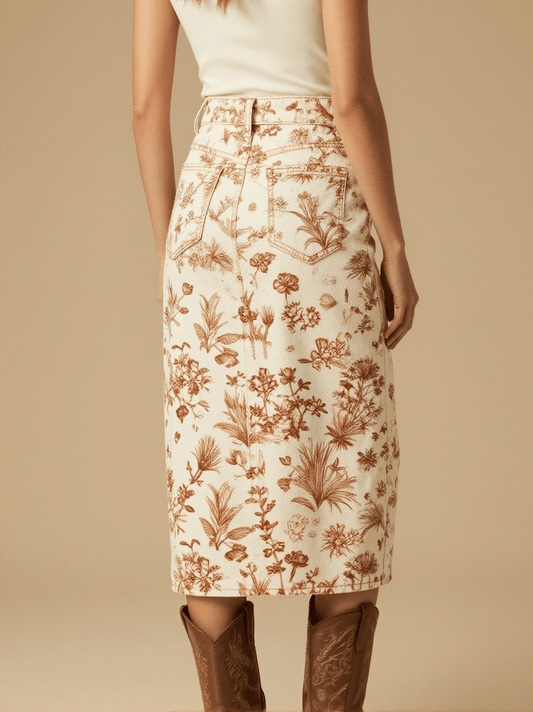 Homestead Windmill Vine Western Denim Midi Skirt – Back View – Jessie – Trail Bone Ecru / Tobacco Brown