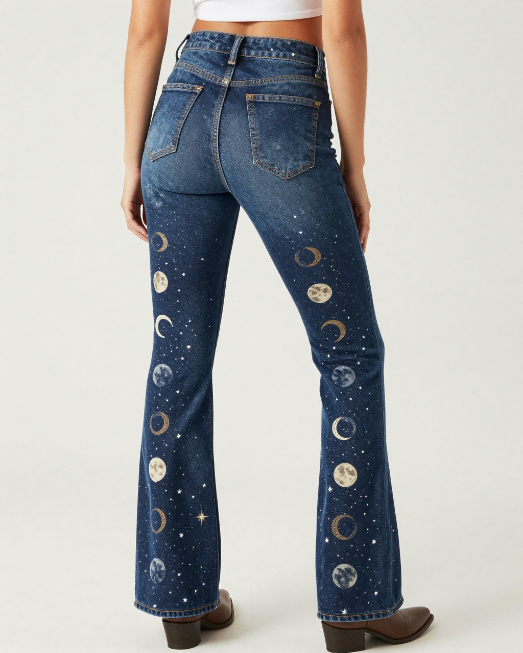Moon Phase Horseshoe Bootcut Jeans – Back View – Riley – Navy / White