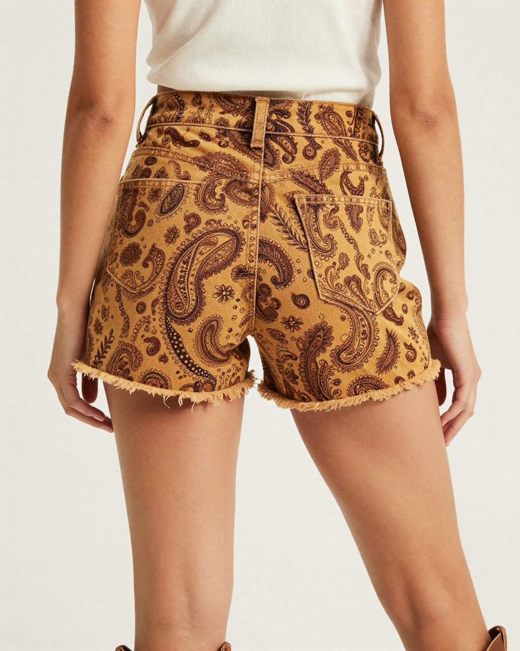 Mustard Gold Bandana Denim Shorts – Back View – Riley – Mustard / Brown