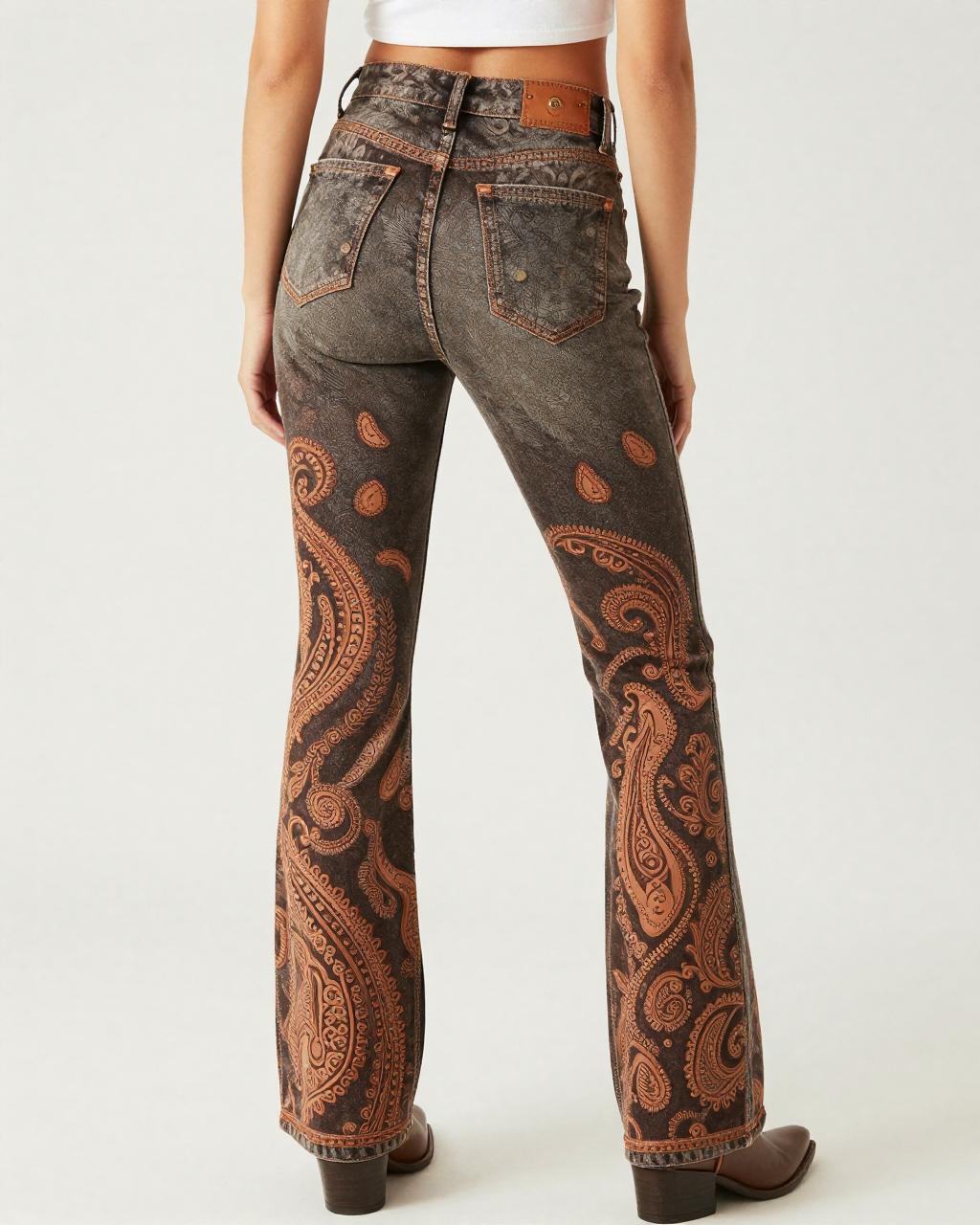 Western Paisley Medallion Bootcut Jeans – Back View – Riley – Brown / Tan