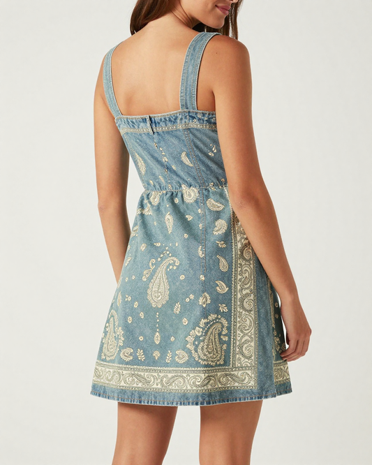 Sage Boho Bandana Structured Mini Dress – Back View – Riley – Sage / Cream