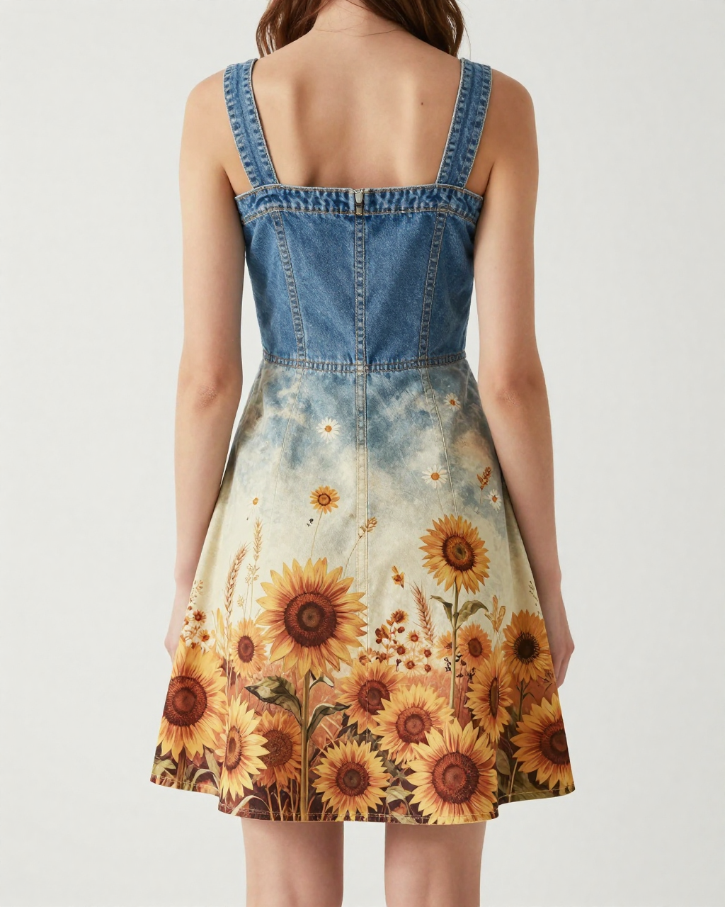 Copper Sunflower Structured Mini Dress – Back View – Riley – Rust / Cream