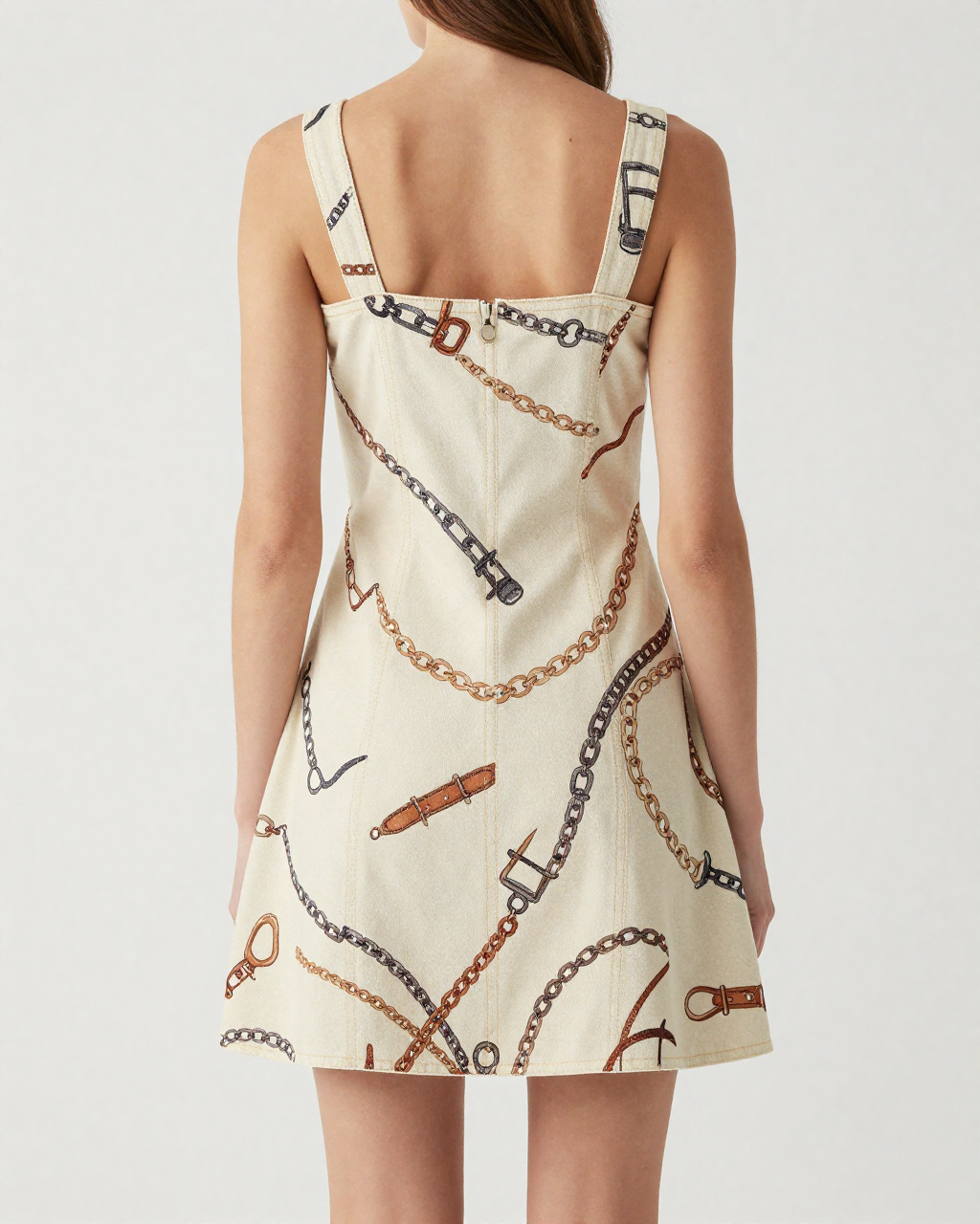 Bit & Chain Cream Structured Mini Dress – Back View – Riley – Cream / Ivory