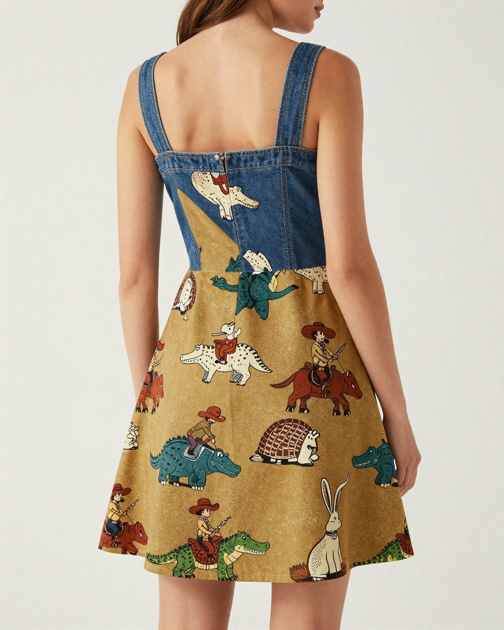 Gator Wrangler Structured Mini Dress – Back View – Riley – Mustard / Brown