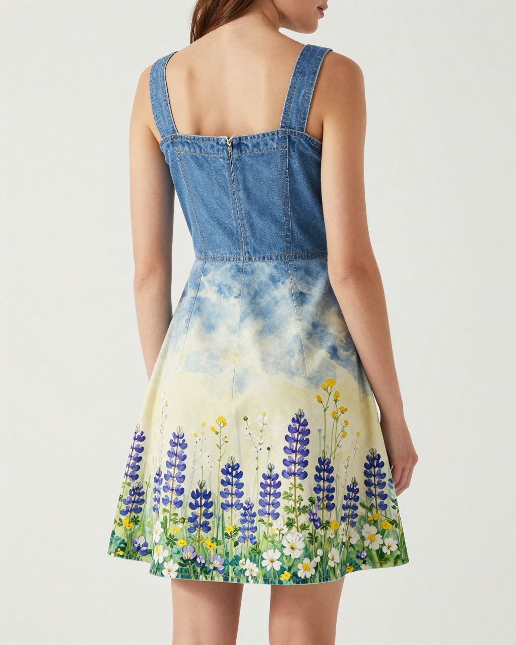 Texas Bluebonnet Structured Mini Dress – Back View – Riley – Cream / Ivory