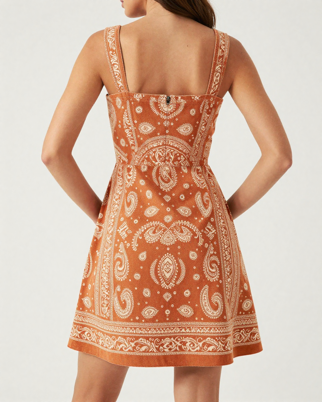 Burnt Orange Bandana Structured Mini Dress – Back View – Riley – Burnt Orange / Ivory