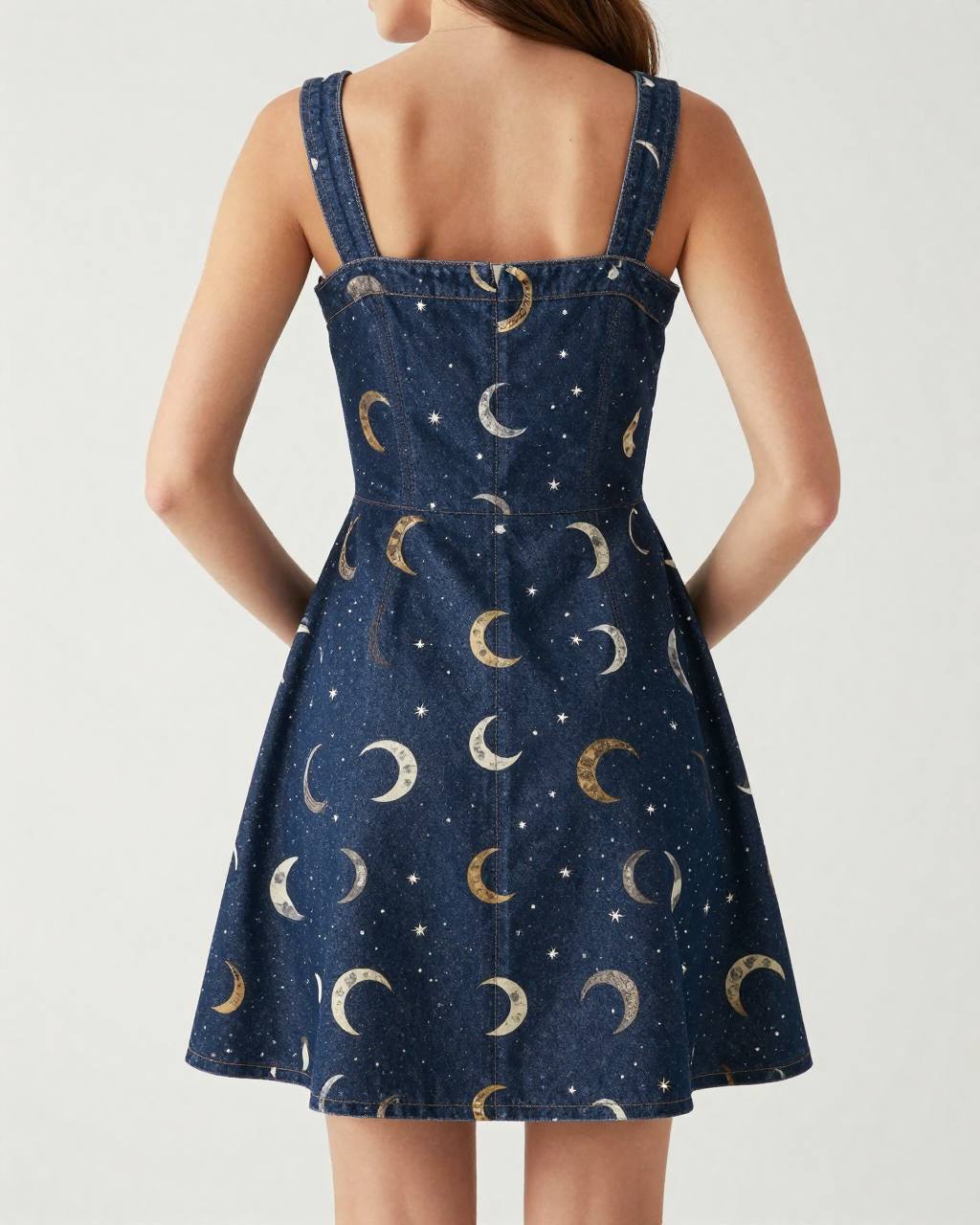 Moon Phase Horseshoe Structured Mini Dress – Back View – Riley – Navy / White