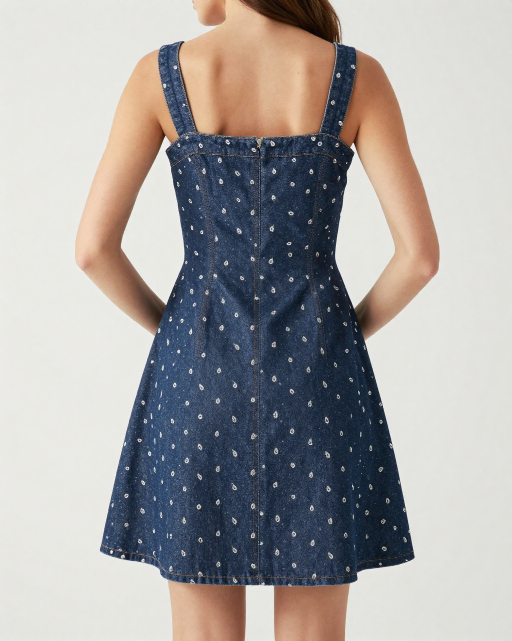 Micro Paisley Navy Structured Mini Dress – Back View – Riley – Navy / White