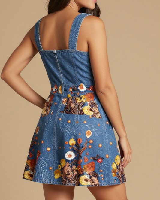 Amber Bulb Bloom Structured Mini Dress – Back View – Jessie – Indigo / Copper / Trail Bone