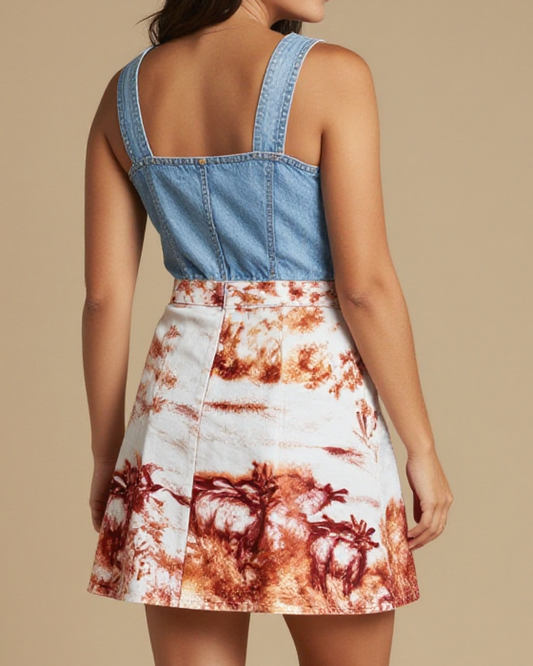 Roan Glow Ground Structured Mini Dress – Back View – Jessie – Midnight Indigo / Copper / Trail Bone