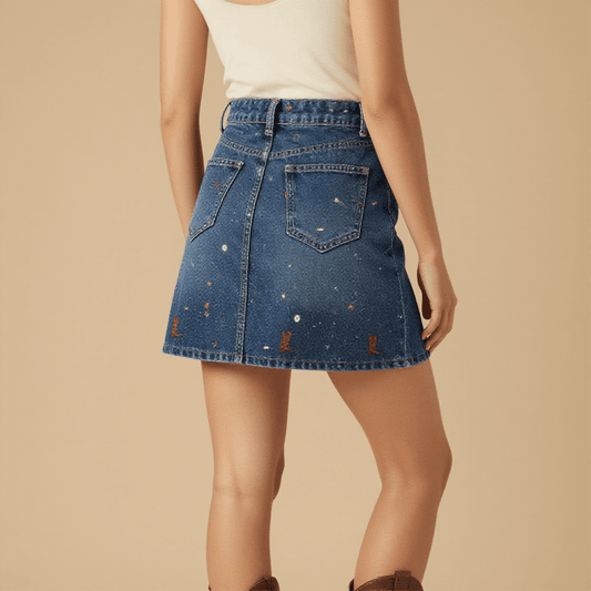 Dance Floor Boots Denim Mini Skirt – Back View – Mara – Indigo / Copper / Red